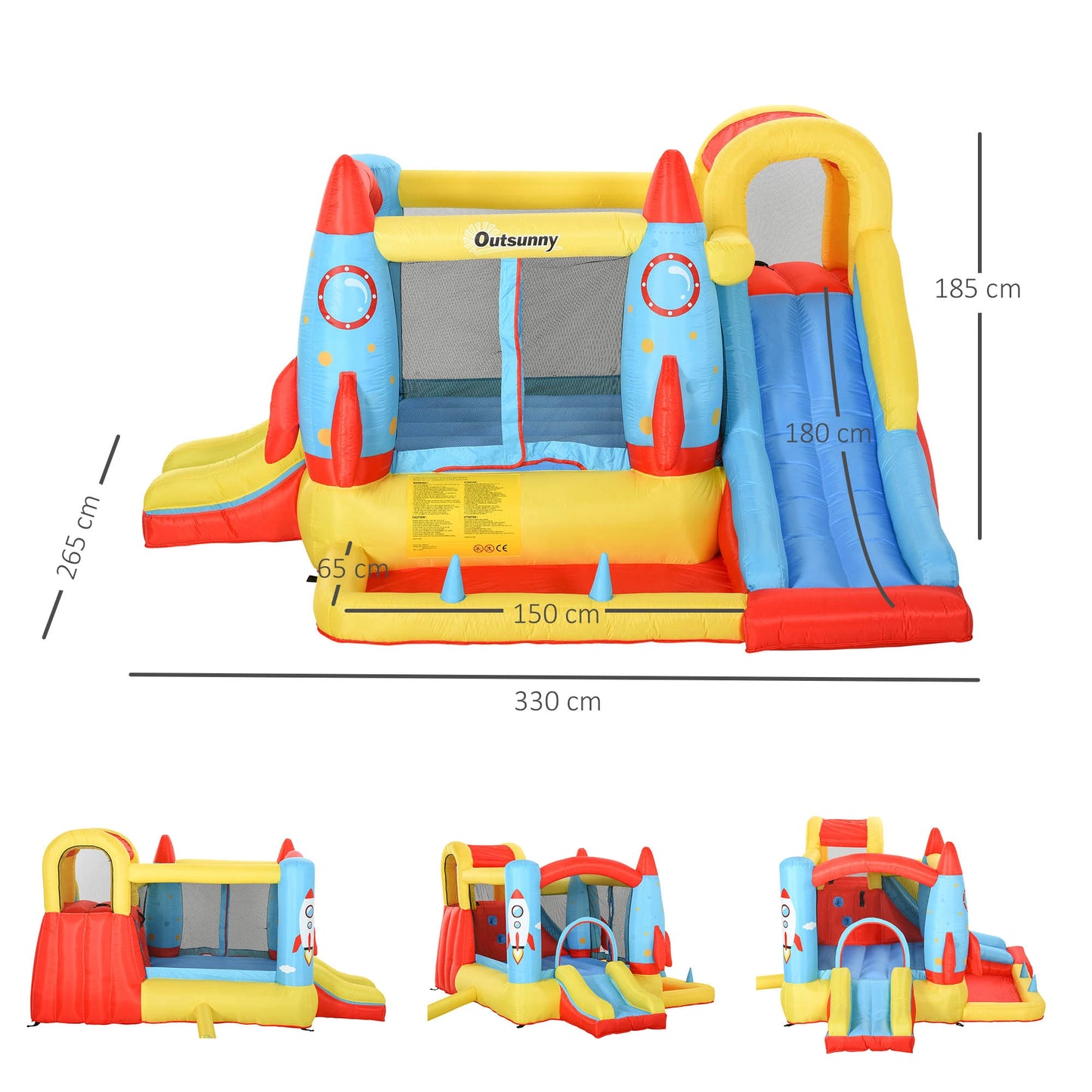 Outsunny Rocket Inflatable Bounce Castle with Slide & Splash Pool – 3.4m x 2.8m x 1.85m