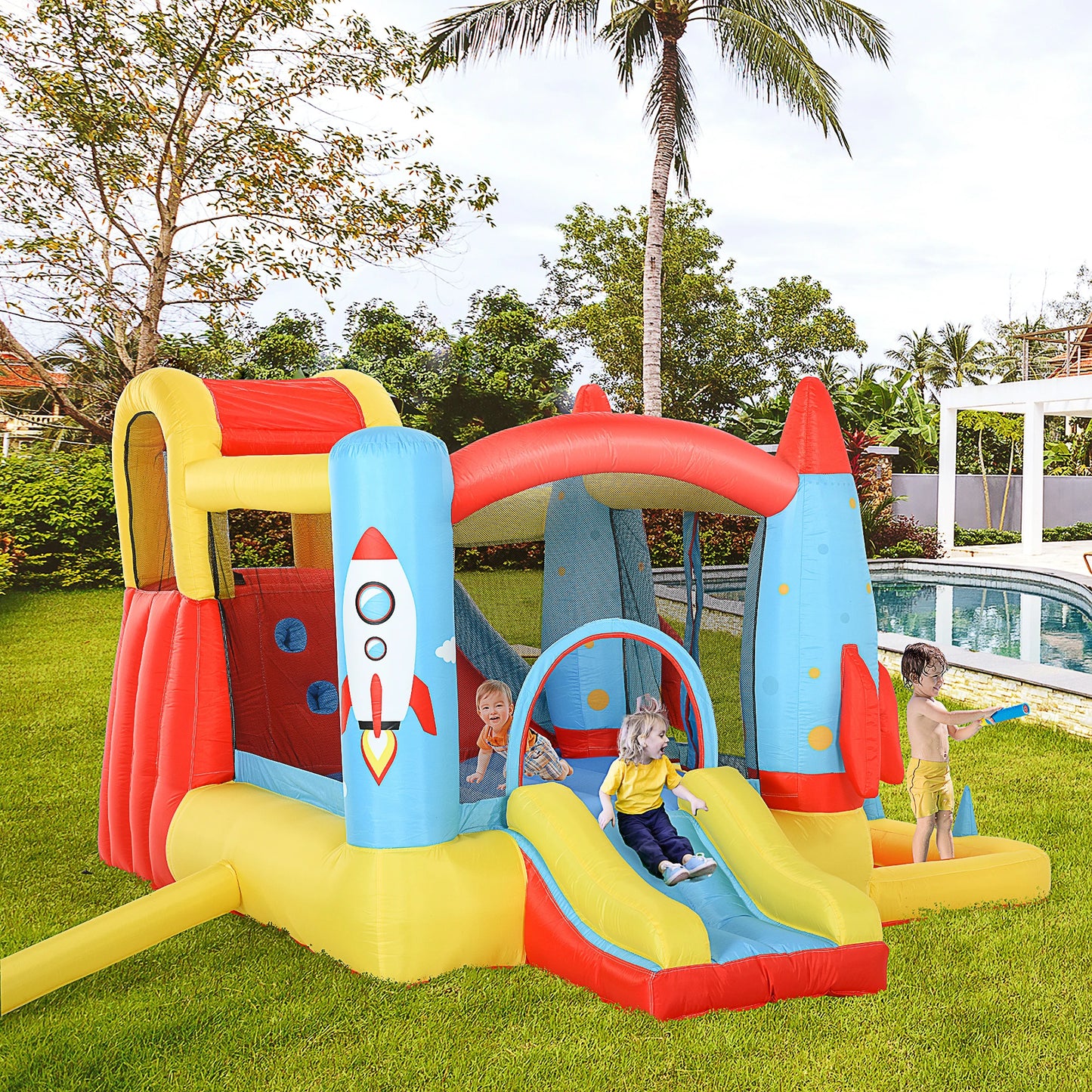 Outsunny Rocket Inflatable Bounce Castle with Slide & Splash Pool – 3.4m x 2.8m x 1.85m